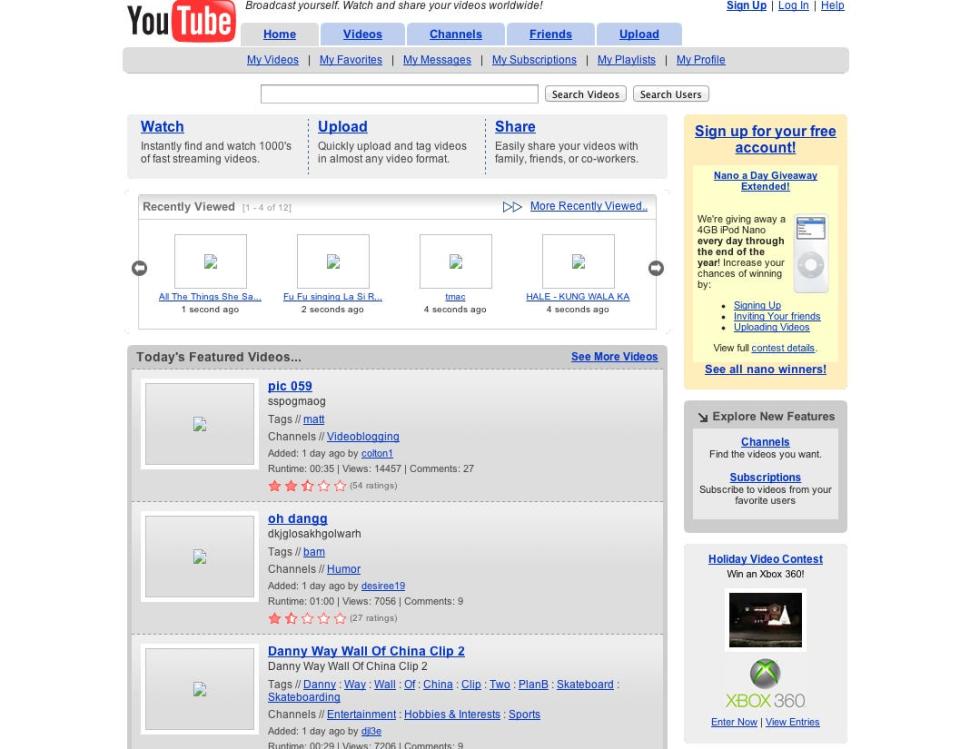 youtube public homepage december 2005