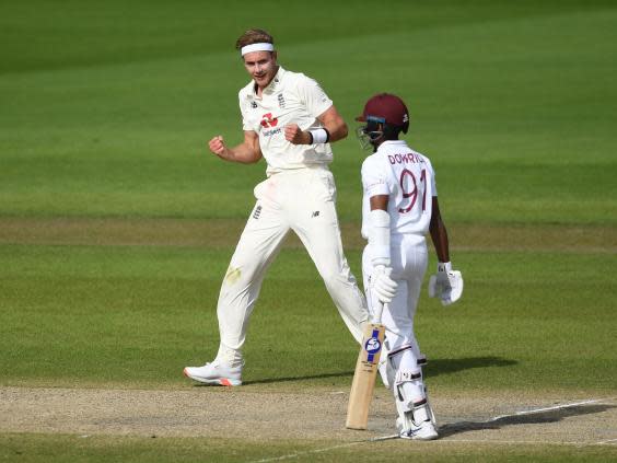 Stuart Broad celebrates dismissing Shane Dowrich (Getty Images for ECB)