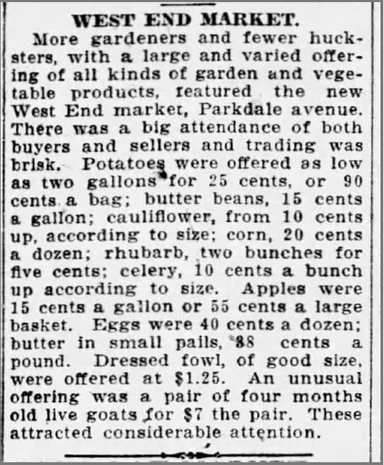 An article published in the Ottawa Citizen on Aug. 23, 1924, lists the prices of various goods for sale — including two young goats — at the 'West End market,' as the Parkdale Market was then known.