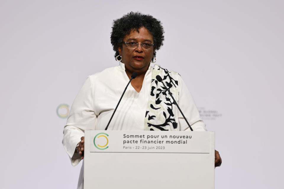 Prime Minister of Barbados Mia Mottley delivers her speech at the New Global Financial summit in Paris Thursday, June 22, 2023. World leaders, heads of international organizations and activists are gathering in Paris for a two-day summit aimed at seeking better responses to tackle poverty and climate change issues by reshaping the global financial system. (Ludovic Marin, Pool via AP)