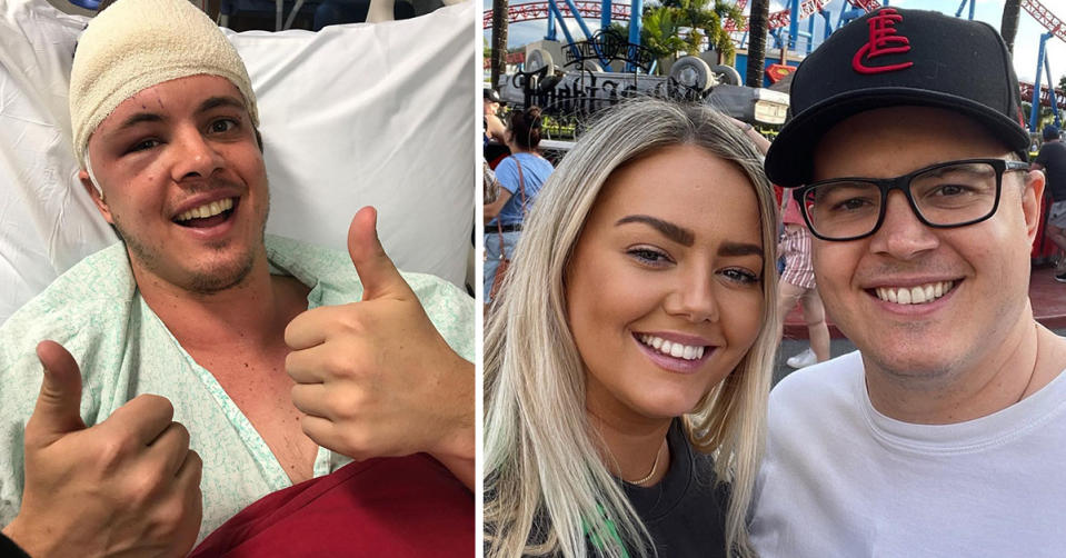 L: Home and Away star Johnny Ruffo in hospital. R: Johnny Ruffo and girlfriend Tahnee Sims at a theme park