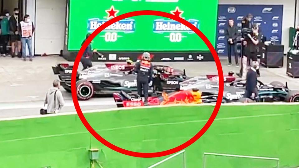 Max Verstappen (pictured) was captured on camera touching Lewis Hamilton's car, which has sparked an F1 investigation. (Image: @frd182)