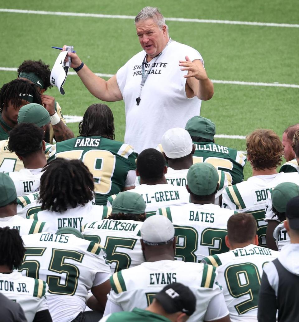 Charlotte 49ers head football coach Biff Poggi speaks to the team following their first practice on Friday, August 4, 2023.