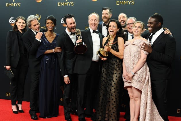 (L-R) Actors Clea DuVall, Gary Cole, Sufe Bradshaw, Reid Scott, Matt Walsh, Timothy Simons, Julia Louis-Dreyfus, Tony Hale, Kevin Dunn, Anna Chlumsky and Sam Richardson, winners of Best Comedy Series for 'Veep', pose in the press room at the 68th annual Primetime Emmy Awards at Microsoft Theater on September 18, 2016 in Los Angeles, California.   - Credit: Jason LaVeris/FilmMagic