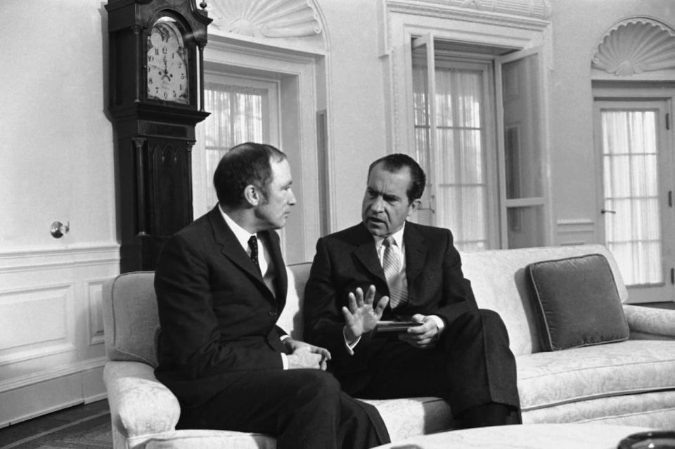 President Richard Nixon conferred on March 24, 1969 in his White House office in Washington with Canadian Prime Minister Pierre Elliott Trudeau.