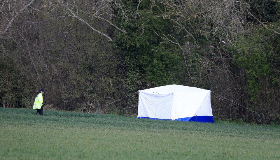 A police officer stands near a forensic tent on the outskirts of Akholt Wood in Snowdown, KentPA