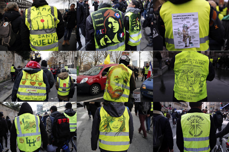 In this combo of 6 images, yellow vest protesters take part of their 56th round demonstration in Paris, Saturday, Dec. 7, 2019. A few thousand yellow vest protesters marched Saturday from the Finance Ministry building on the Seine River through southeast Paris, pushing their year-old demands for economic justice and adding the retirement reform to their list of grievances. (AP Photo/Francois Mori)