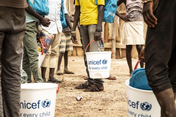 Unicef aid packages are distributed to the children after their release from bush camps