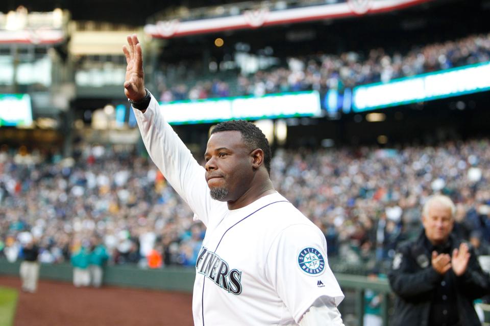 Former Seattle Mariner Ken Griffey Jr. waves to the crowd before a game in 2017.