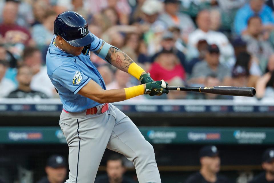 Tampa Bay Rays center fielder Jose Siri (22) hits an RBI single in the sixth inning against the Detroit Tigers at Comerica Park in Detroit on Friday, Aug. 4, 2023.