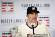 Baseball Hall of Fame inductee Mike Mussina speaks during news conference Wednesday, Jan. 23, 2019, in New York. (AP Photo/Frank Franklin II)