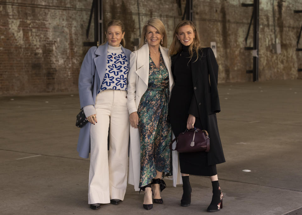 SYDNEY, AUSTRALIA - JUNE 01: Grace Forrest is seen wearing Ginger & Smart with RM Williams boots and a Marc Jacobs bag; Julie Bishop wears Ginger & Smart with Christian Louboutin shoes and Sophia Forrest wears Ginger & Smart with an Alexander McQueen handbag and Fendi bag at Afterpay Australian Fashion Week 2021 on June 1, 2021 in Sydney, Australia. (Photo by Matt Jelonek/WireImage)