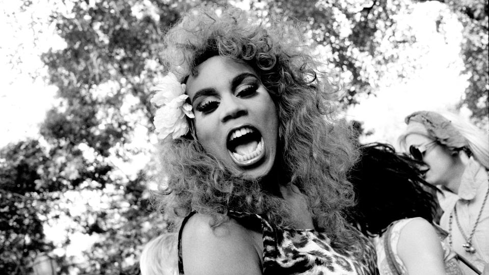 A black-and-white photo of RuPaul at Wigstock