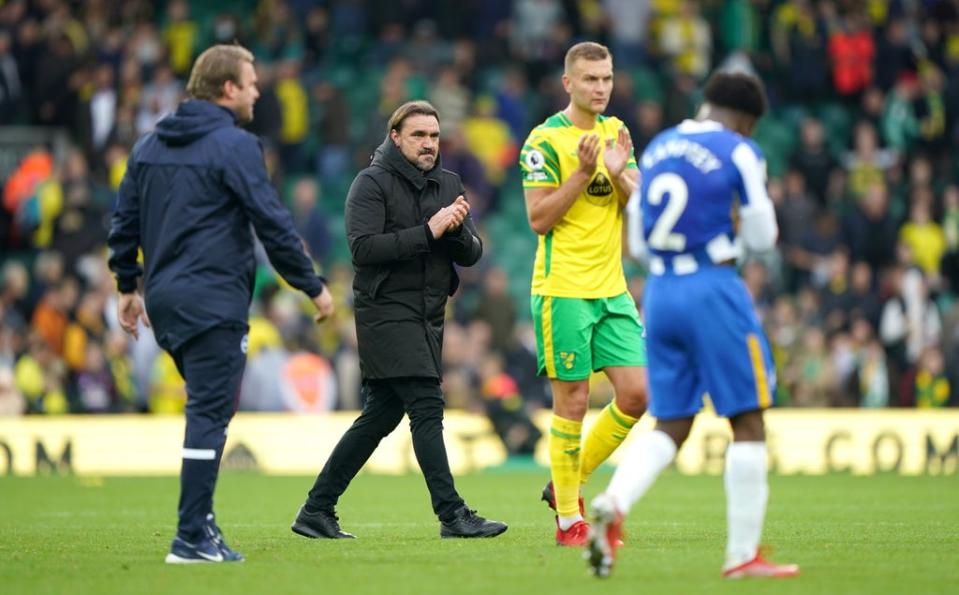 Norwich manager Daniel Farke (second left) saw his side held by Brighton (Joe Giddens/PA). (PA Wire)