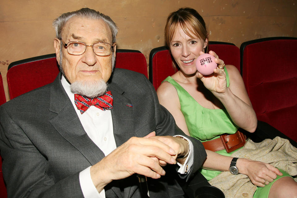 In this photo released by Starpix, C. Everett Koop, former Surgeon General of the United States joins actress Mary Stuart Masterson at the premiere and DVD release of "New York Street Games," Thursday, May 20, 2010, in New York. The documentary takes a look at games played on the streets of New York as seen through the eyes of prominent New Yorkers. Masterson holds an example of the hollow rubber ball used in the game of "stickball." (AP Photo/Starpix, Dave Allocca)