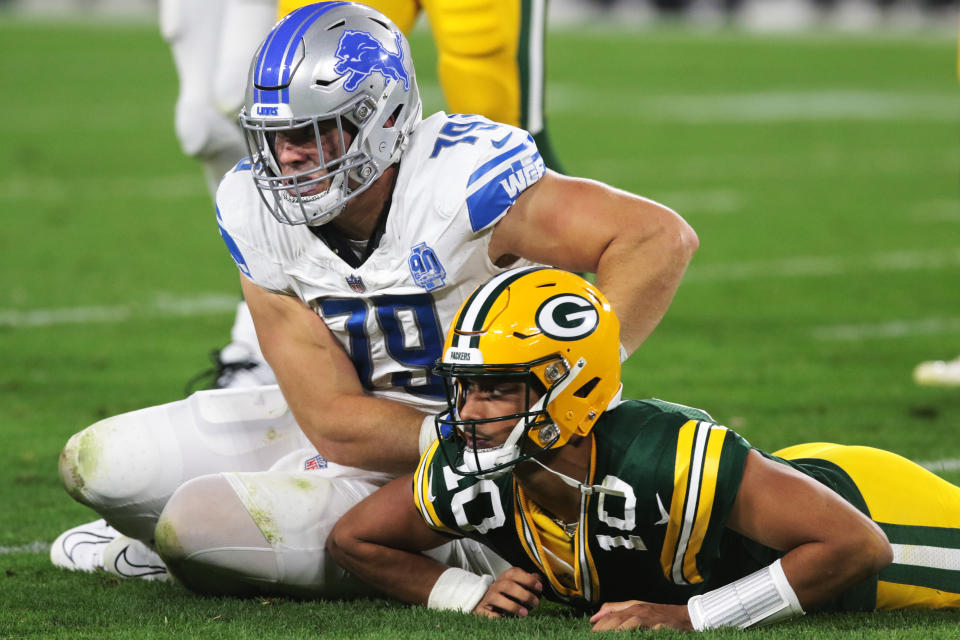 Green Bay Packers quarterback Jordan Love (10) needs to rebound from a rough game against the Lions. (Photo by Larry Radloff/Icon Sportswire via Getty Images)