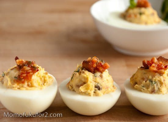 <strong>Get the <a href="http://momofukufor2.com/2010/03/kimchi-bacon-deviled-eggs/" target="_hplink">Kimchi Bacon Deviled Eggs recipe from Momofukufor2.com</a></strong>