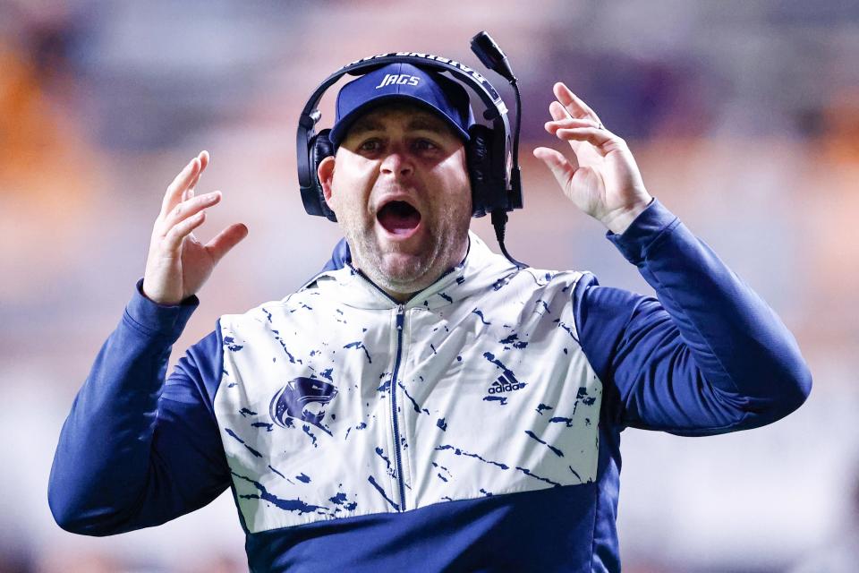 South Alabama head coach Kane Wommack reacts to a play during the game against Tennessee on Nov. 20, 2021, in Knoxville, Tenn.