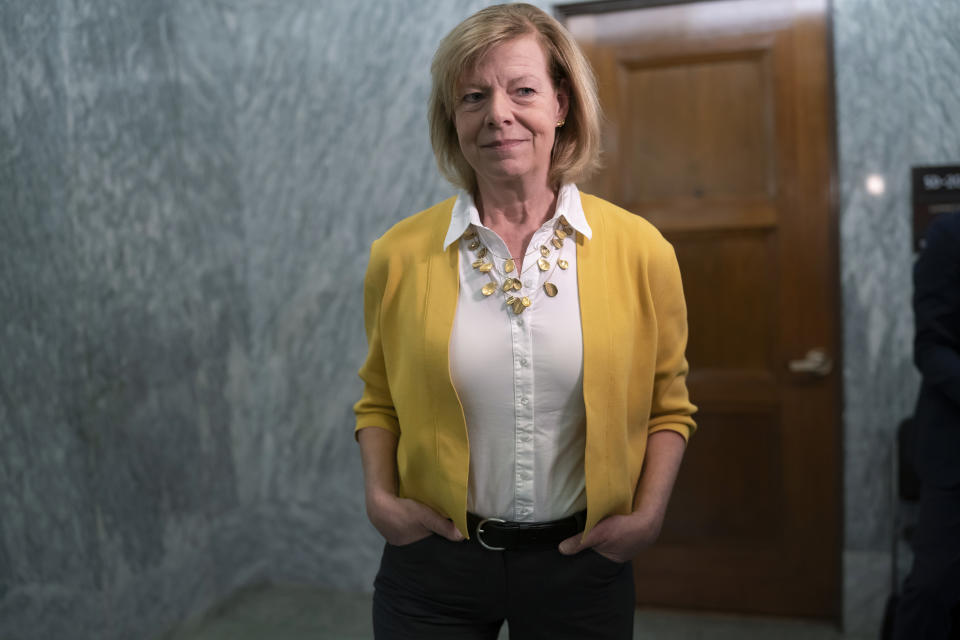 FILE - Sen. Tammy Baldwin, D-Wis., talks to reporters after a private meeting with Supreme Court nominee Ketanji Brown Jackson at the Capitol in Washington, March 28, 2022. Baldwin, who is the first openly gay senator and has been working on gay rights issues since she first entered state politics in 1986, says the “world has changed,” especially since the Supreme Court’s 2015 Obergefell v. Hodges decision upholding gay marriage. (AP Photo/J. Scott Applewhite, File)