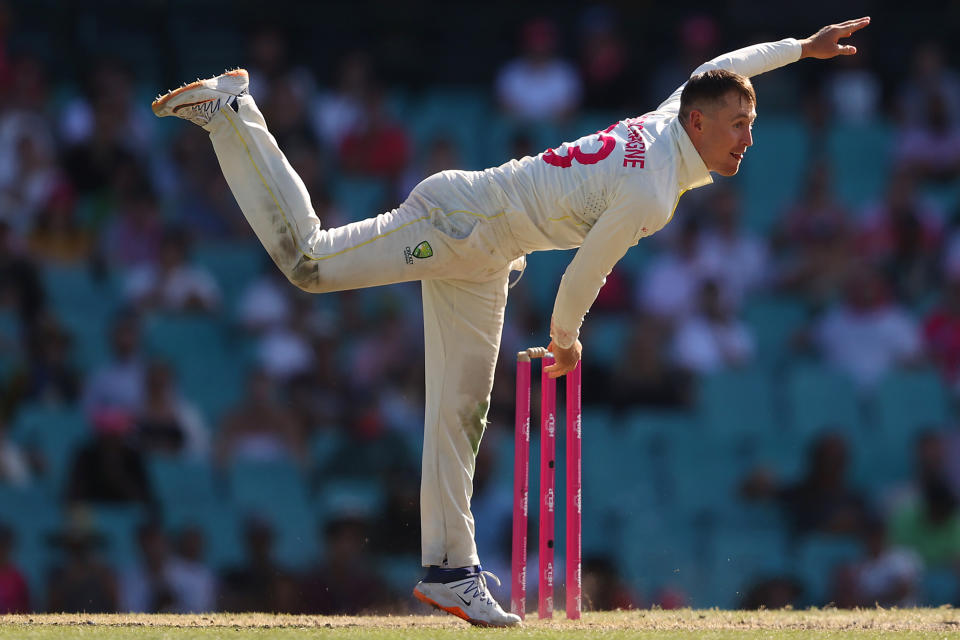 Seen here, Australia's Marnus Labuschagne bowls during day five of the third Test match against South Africa at Sydney Cricket Ground.