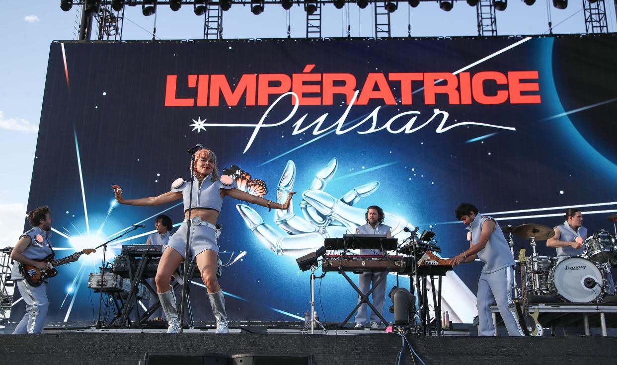 L'Impératrice performs at the Outdoor Theatre at the Coachella Valley Music and Arts Festival in Indio, Calif., April 19, 2024.