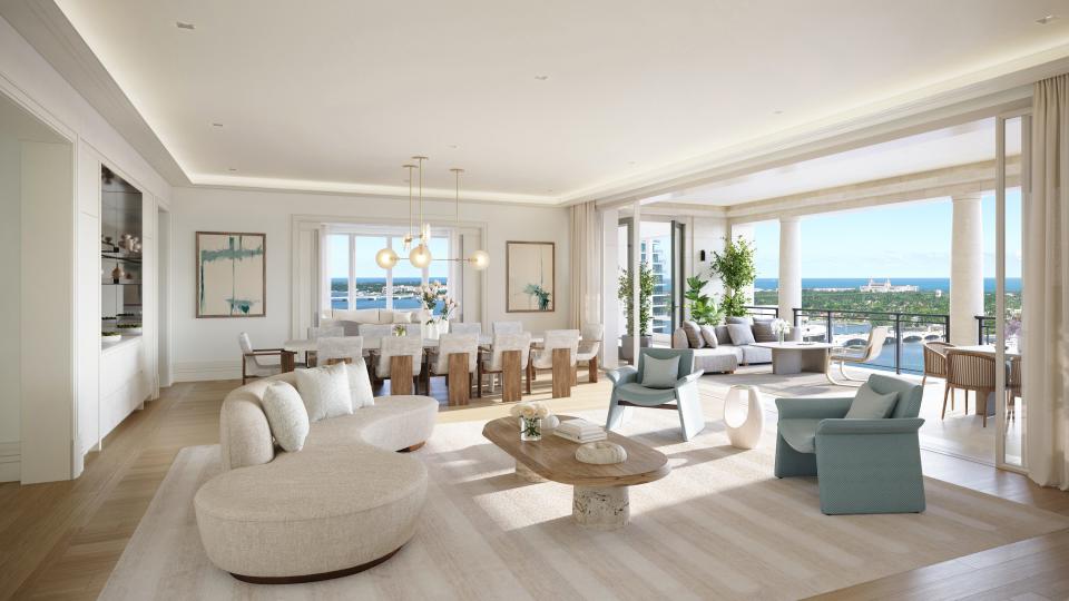 Rendering of a living room at the planned South Flagler House condominium in West Palm Beach.