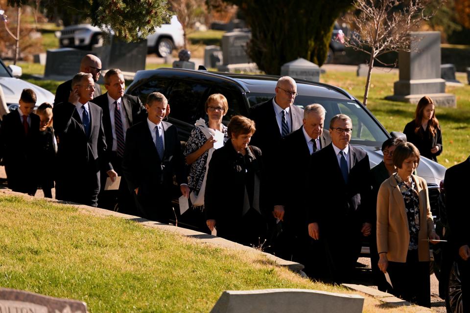 Family members arrive for President M. Russell Ballard’s graveside service in the Salt Lake City Cemetery on Friday, Nov. 17, 2023. | Scott G Winterton, Deseret News