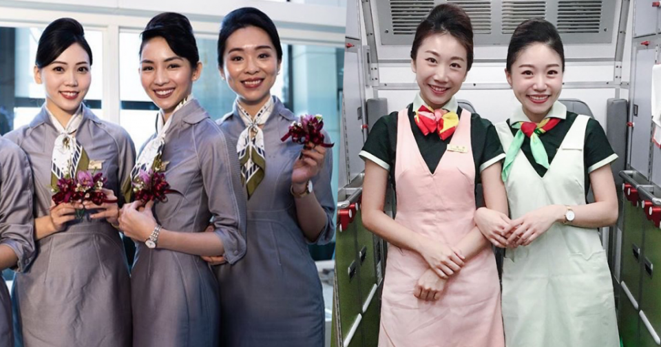 Flight attendants from Starlux Airlines (left) and EVA Air (right) pose for photographs before the coronavirus outbreak. (Courtesy of Starlux/Instagram and EVA air/Instagram)