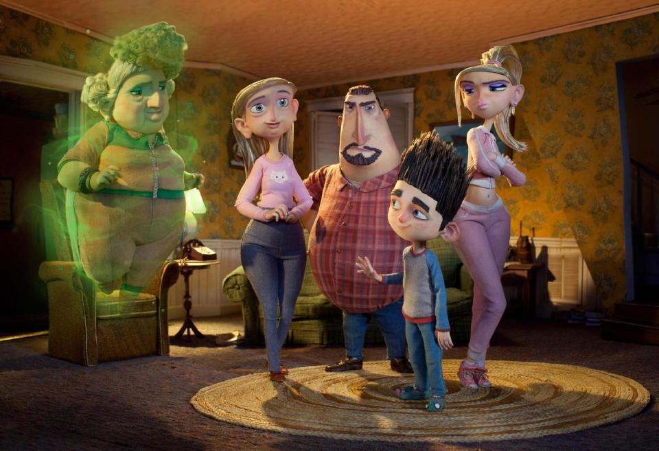 FILE - This publicity film image released by Focus Features shows characters, from left, Grandma Babcock, voiced by Elaine Stritch, Sandra Babcock, voiced by Leslie Mann, Perry Babcock, voiced by Jeff Garlin, Norman, voiced by Kodi Smit-McPhee, and Courtney, voiced by Anna Kendrick, in the 3D stop-motion film, "ParaNorman." The Focus Features animated film has been nominated for an Academy Award in the Animated Feature Film category. The 85th Academy Awards are on Sunday, Feb. 24, 2013 in Los Angeles. (AP Photo/Focus Features, File)