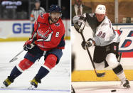 FILE - At left, in a Sept. 29, 2021, file photo, Washington Capitals left wing Alex Ovechkin (8) skates during the first period of an NHL preseason hockey game against the New Jersey Devils in Washington. At right, in a Saturday, Jan. 27, 1996, file photo, Los Angeles Kings' Wayne Gretzky passes during an NHL hockey game against the Mighty Ducks of Anaheim, in Inglewood, Calif. Alex Ovechkin starts a new five-year contract ready to chase Wayne Gretzky's career goals record that long seemed unbreakable. The Washington Capitals captain has 730 goals and needs 165 to pass Gretzky. (AP Photo/File)