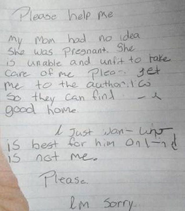 This note was found with the baby. Source: Tucson Airport Authority Police