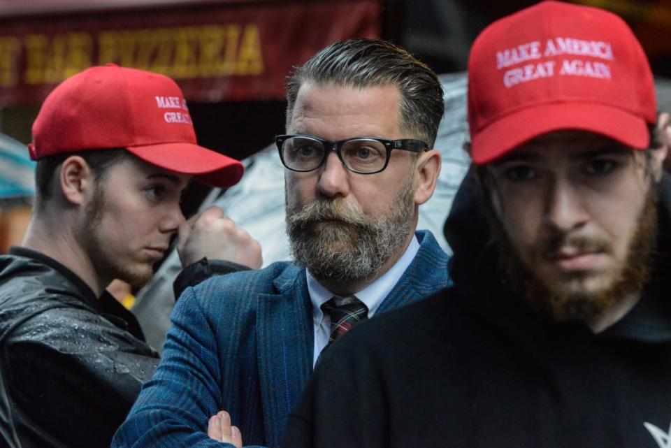 <div class="inline-image__caption"><p>Gavin McInnes at a 2017 protest in New York City. </p></div> <div class="inline-image__credit">Stephanie Keith/Getty</div>