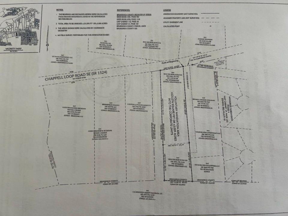 A map shows the 3-acre site on Chappell Loop Road that Belville recently brought into its town limits.