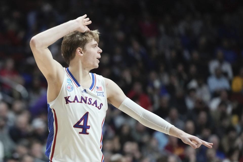 Kansas's Gradey Dick reacts to a three pointer during the second half of a first-round college basketball game in the NCAA Tournament Thursday, March 16, 2023, in Des Moines, Iowa. (AP Photo/Morry Gash)