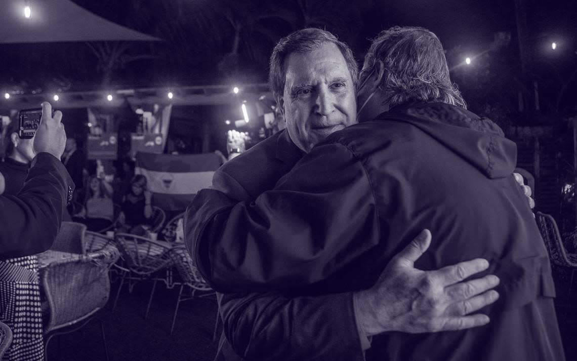 City of Miami Commissioner Joe Carollo celebrates supporters after winning the reelection for district 3, at the Old Havana Restaurant in Little Havana, on Tuesday, November 02, 2021.