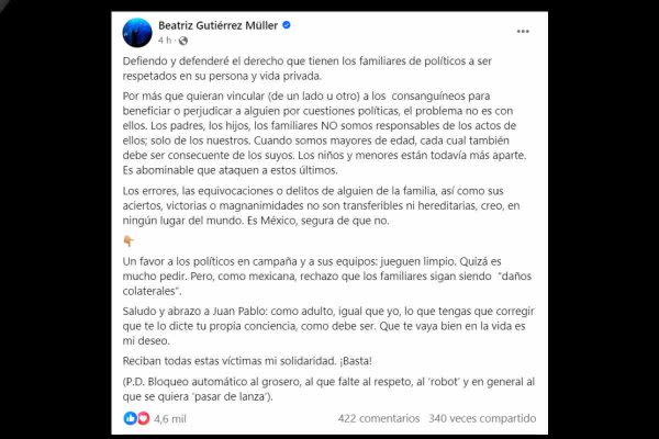 Beatriz Gutiérrez criticó el uso político que se le dio a un video del hijo de Xóchitl Gálvez