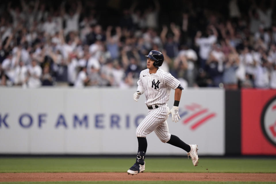 New York Yankees' Anthony Volpe runs the bases after hitting a home run against the Minnesota Twins during the first inning of a baseball game Friday, April 14, 2023, in New York. (AP Photo/Frank Franklin II)