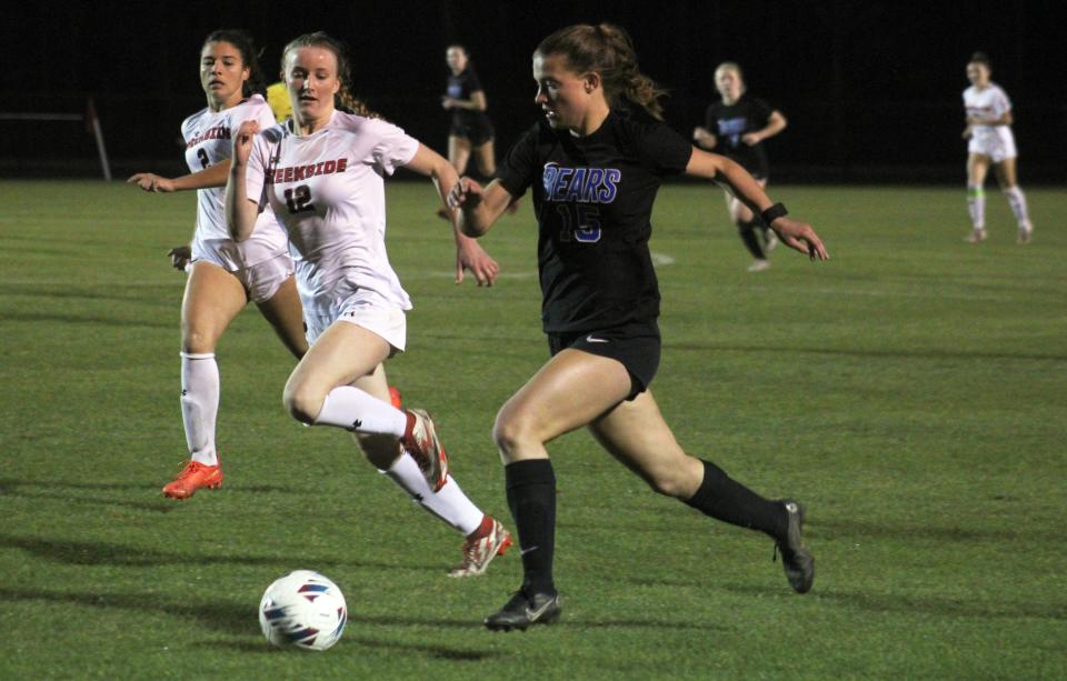 Bartram Trail fullback Anna Bachman (15) dribbles upfield against Creekside in February. The former Bears defender, now at Mercer, tallied her first two college soccer assists this week.