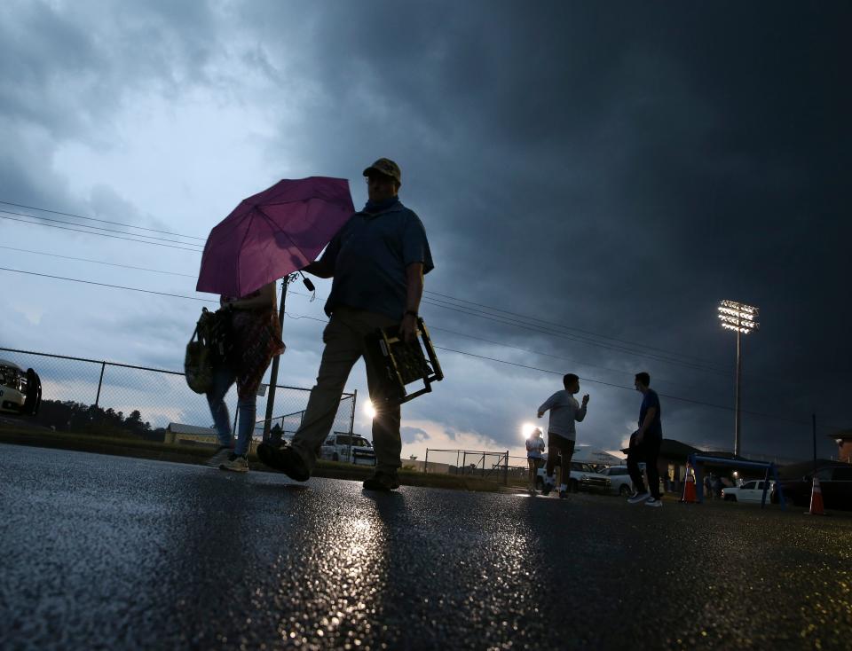 A thunderstorm delays the start of opening night football between Paul Bryant High and Tuscaloosa County High Thursday, August 20, 2020, at Tuscaloosa County. [Staff Photo/Gary Cosby Jr.]