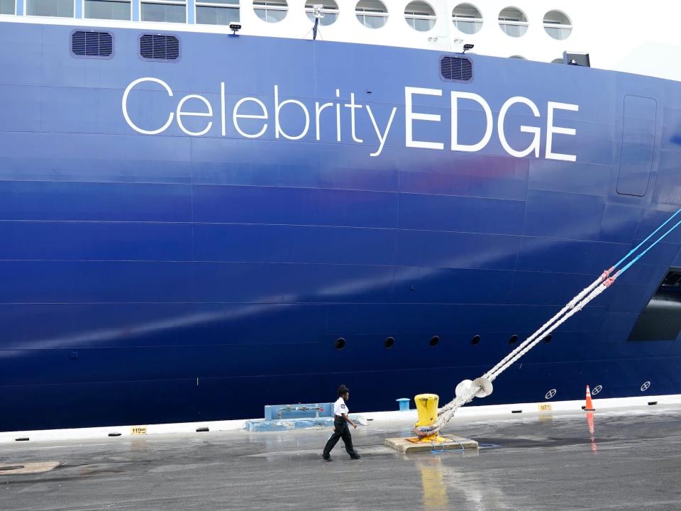 A closeup of the Celebrity Edge emblem on the cruise ship