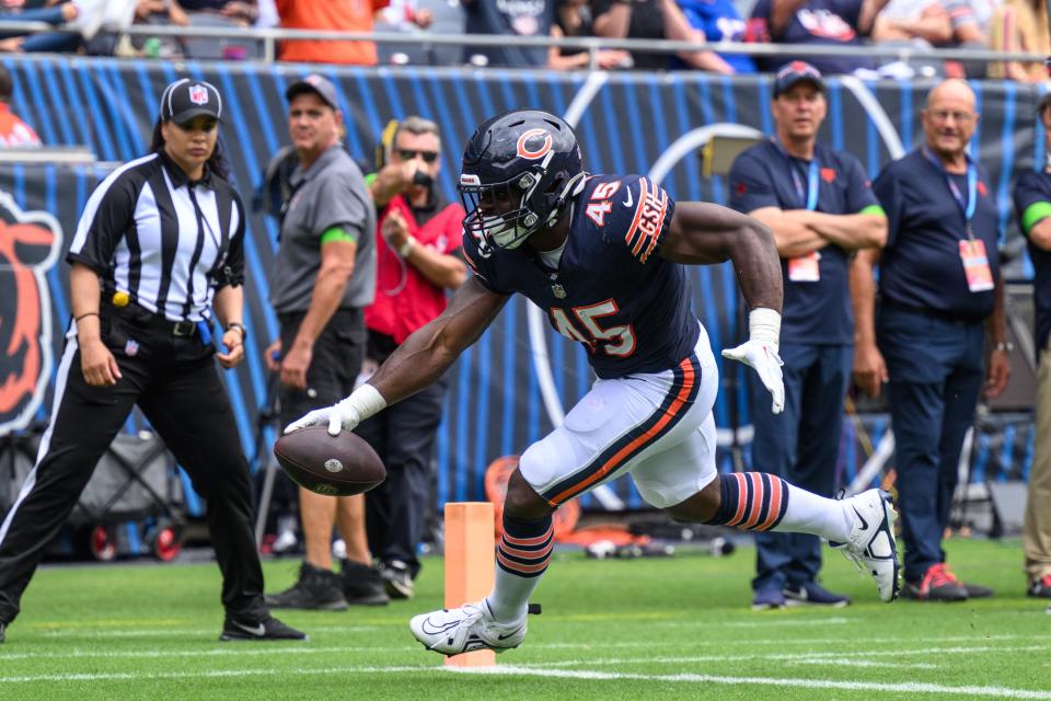 Chicago Bears running back Robert Burns (45) runs into the end zone after a catch for a touchdown against the Buffalo Bills.