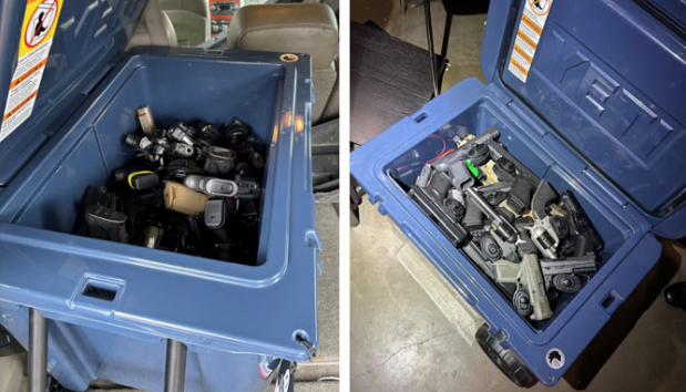 In this image taken from publicly available court records, two photos of coolers filled with handguns are captured. According to federal prosecutors, the handguns were stolen from a southwest Michigan sporting goods store the night of Thursday, Nov. 16, 2023, before being apprehended by police the following day.