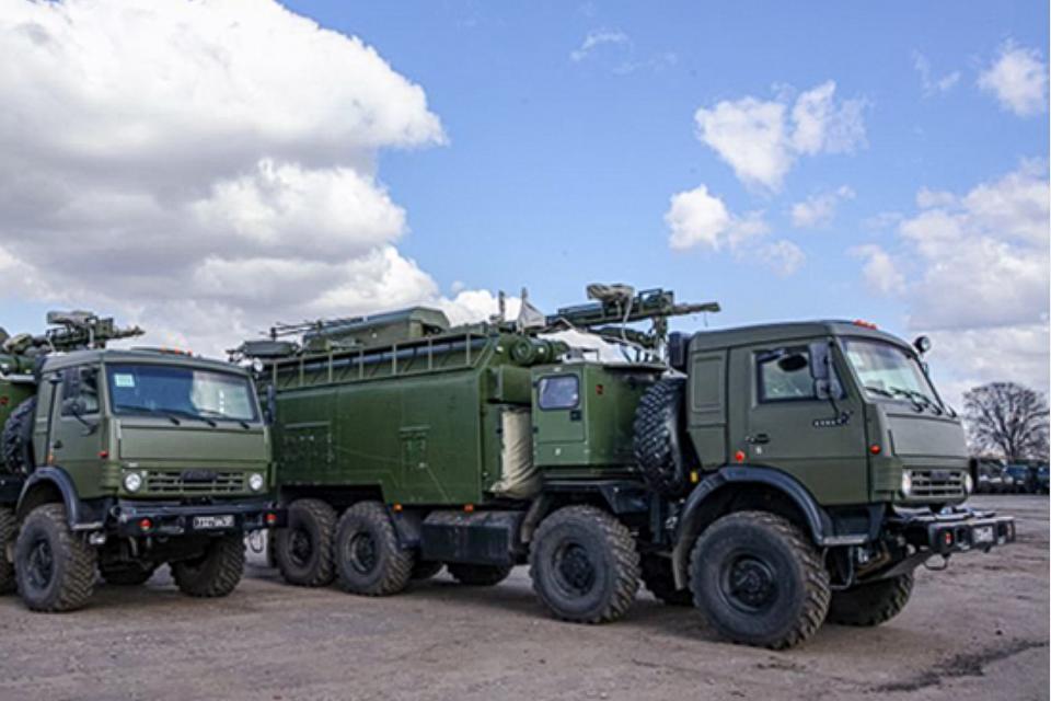 In this handout photo provided by Russian Defense Ministry Press Service 9 May 2018, The Palantin EW systems are parked during a rehearsal for the May 9 Victory Day parade in Voronezh, Russia. (Russian Defense Ministry Press Service via AP)