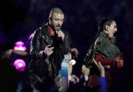<p>Justin Timberlake performs during halftime of the NFL Super Bowl 52 football game between the Philadelphia Eagles and the New England Patriots Sunday, Feb. 4, 2018, in Minneapolis. (AP Photo/Matt Slocum) </p>