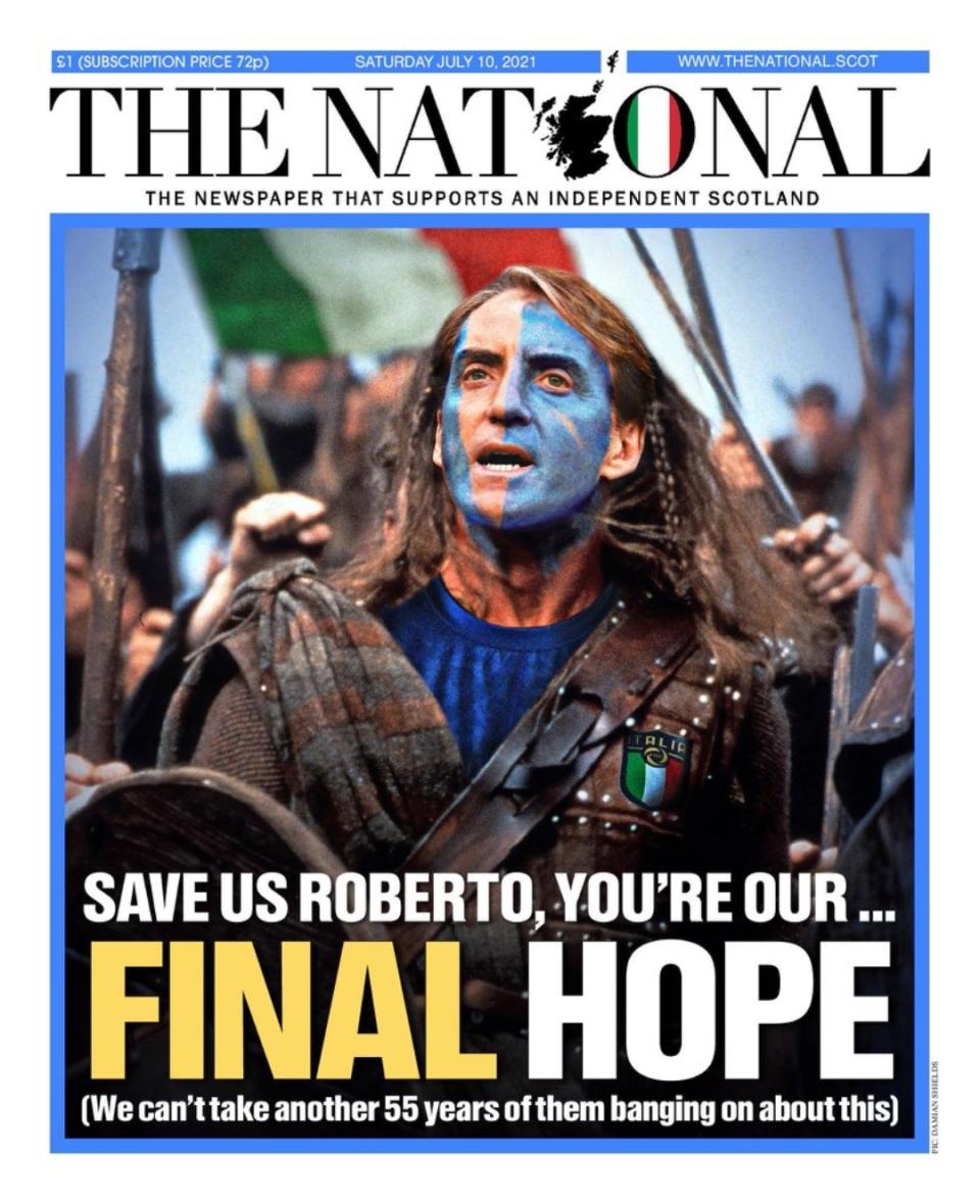 La portada de ‘The National’ del 10 de julio con Mancini convertido en William Wallace. (Foto: Twitter / @ScoNational).