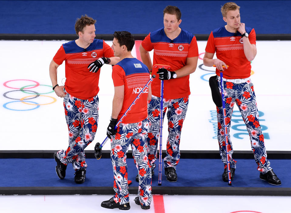 <p>Torger Nergaard, Thomas Ulsrud, Christoffer Svae and Haavard Vad Petersson of Norway wait to play in a 7-4 loss to Canada during the Men’s Curling Round Robin on day 6 of the PyeongChang 2018 Winter Olympics at Gangneung Curling Centre on February 15, 2018 in Gangneung, South Korea. (Photo by Harry How/Getty Images) </p>