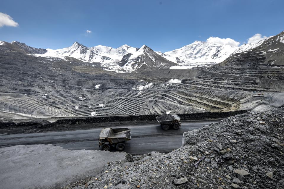 A view of the Kumtor gold mine, in Kumtor 350 kilometers east of Bishkek, Kyrgyzstan, Friday, May 28, 2021. The investigation centers on the Kumtor gold mine, which has long been a controversial operation in Kyrgyzstan because of alleged environmental violations and strong sentiment that the government should nationalize it. In early May, the parliament passed a law allowing the state to take control of the mine for three months from its Canada-based operator Centerra and a court levied a $3 billion fine for environmental claims. (AP Photo/Vladimir Voronin)