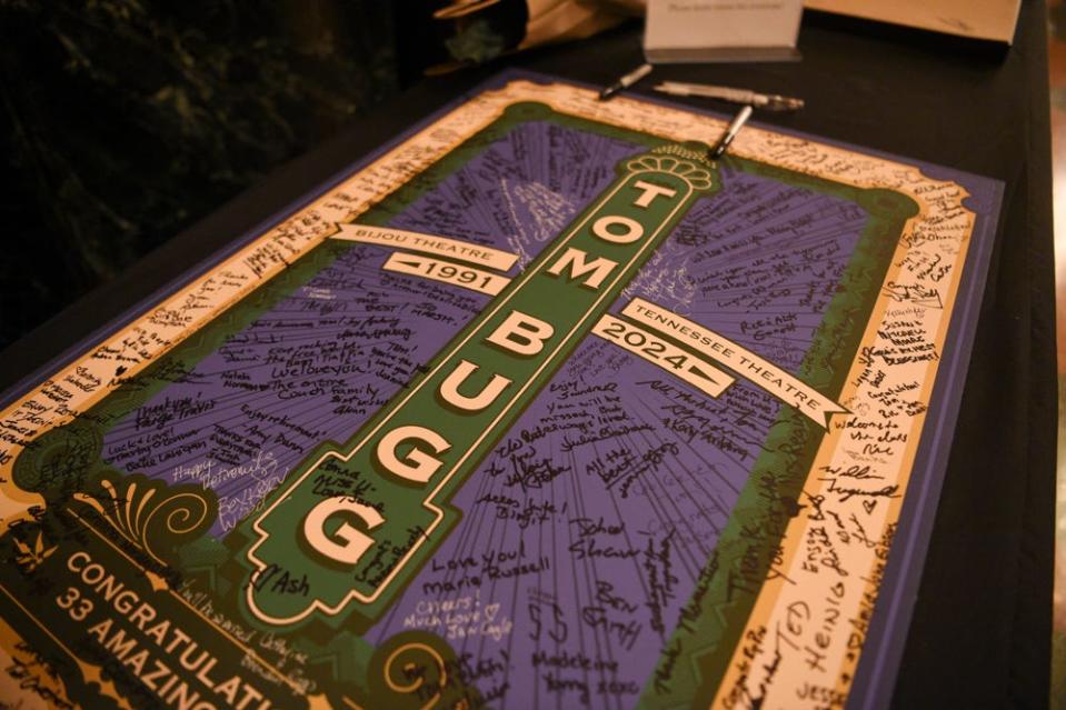 Tom Bugg, longtime general manager of the Tennessee and Bijou theaters, had no idea what was in store at his retirement party Feb. 3, including this poster signed by some of the 600 people in attendance. "I don't know 600 people," Bugg told Knox News the day prior. "You may not know them, but people know you because they've seen me out front. ... It really does (feel special)."