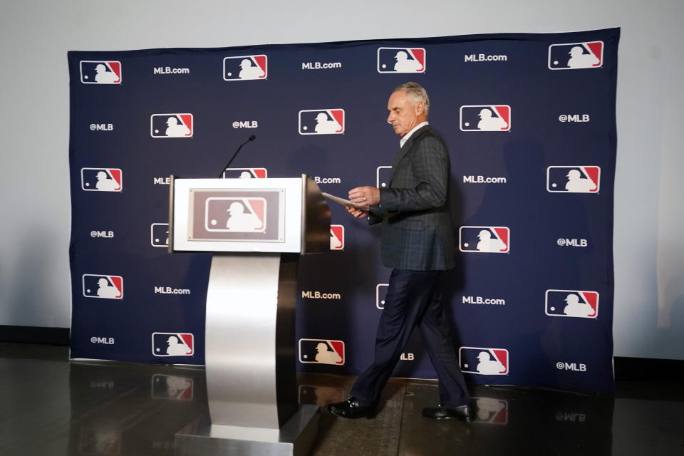 Major League Baseball commissioner Rob Manfred speaks during a news conference after an owners meeting in Arlington, Texas, Thursday, Nov. 16, 2023. The Oakland Athletics’ move to Las Vegas was unanimously approved Thursday by Major League Baseball team owners, cementing the sport’s first relocation since 2005. (AP Photo/LM Otero)