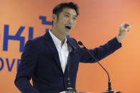 Former leader of the dissolved Future Forward Party Thanathorn Juangroongruangkit speaks during a press conference in Bangkok, Thailand, Thursday, Jan. 21, 2021. Thanathorn was charged with defaming Thailand’s monarchy by questioning the government’s procurement of COVID-19 vaccines is standing by his comments and saying the nation deserves more transparency. (AP Photo/Sakchai Lalit)